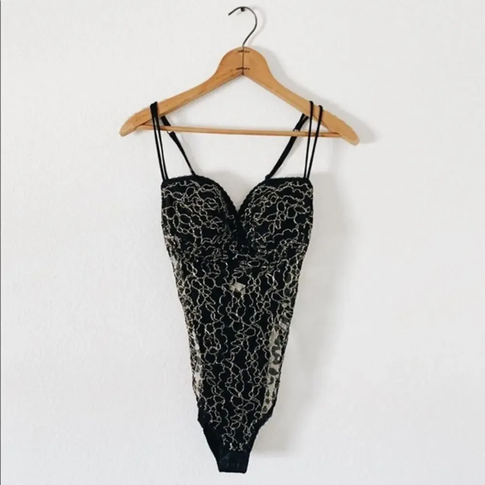 Vintage Victoria's Secret Women's Black Gold Label One Piece Bodysuit Size 34A